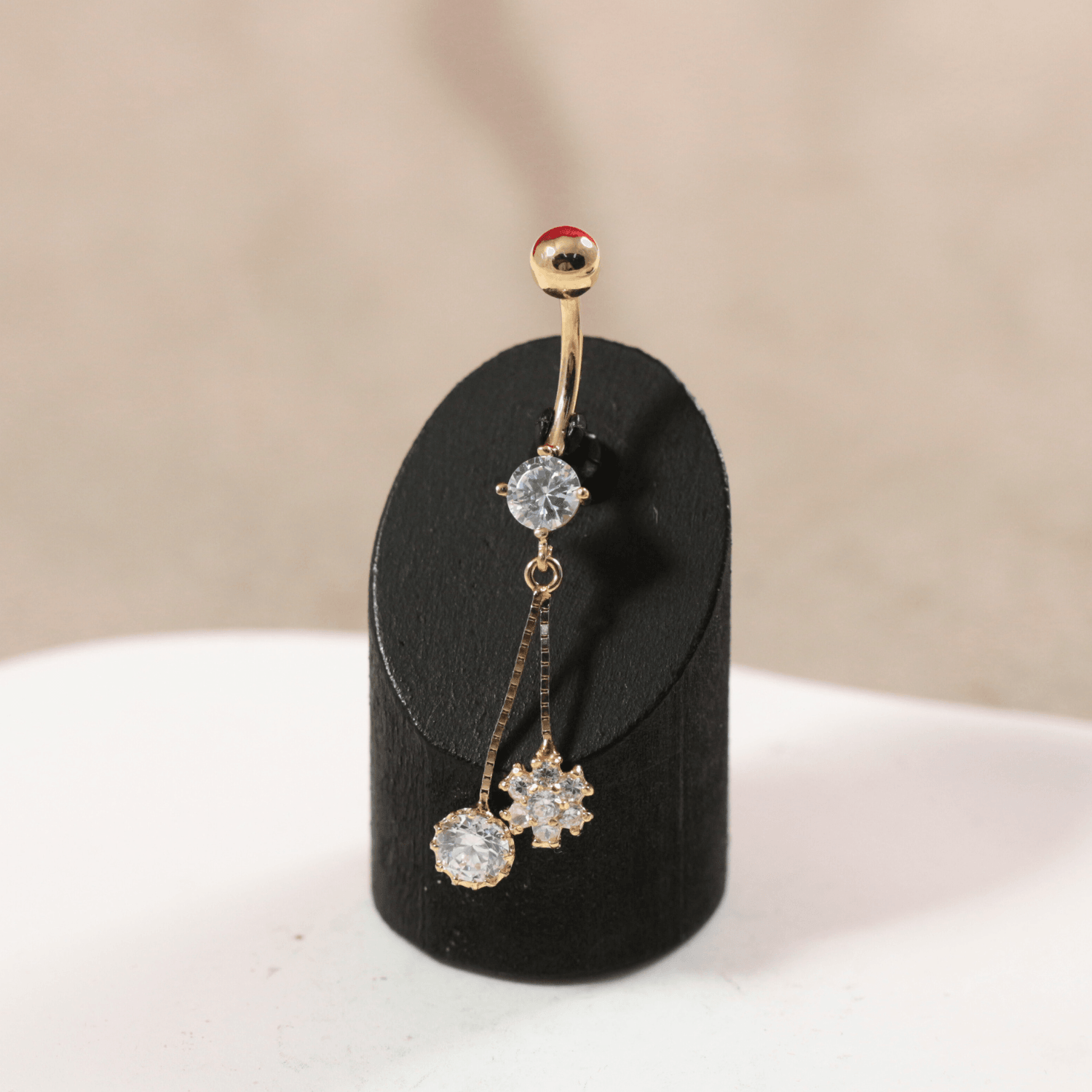 14K Gold Flower and CZ Jewelled Dangling Belly Ring