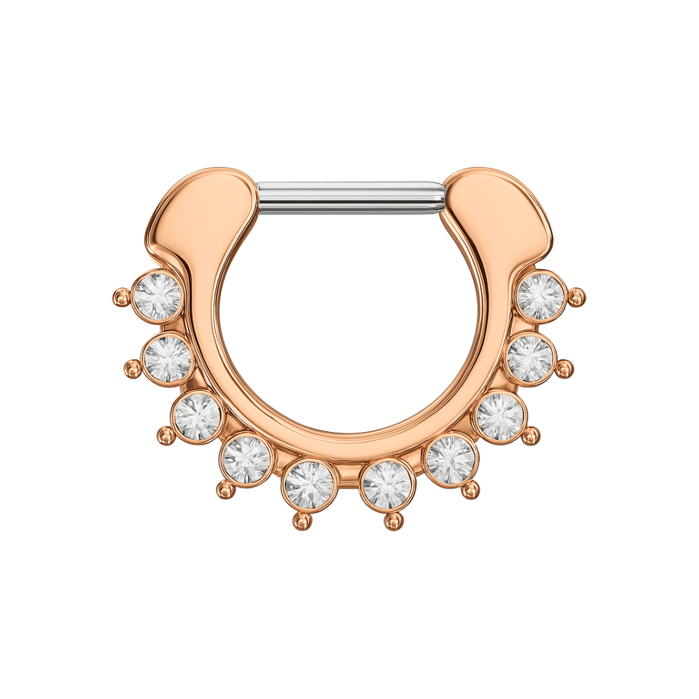 316L Surgical Steel With Rose Gold PVD Single Line 9 CZ's Pronged Septum Clicker Ring