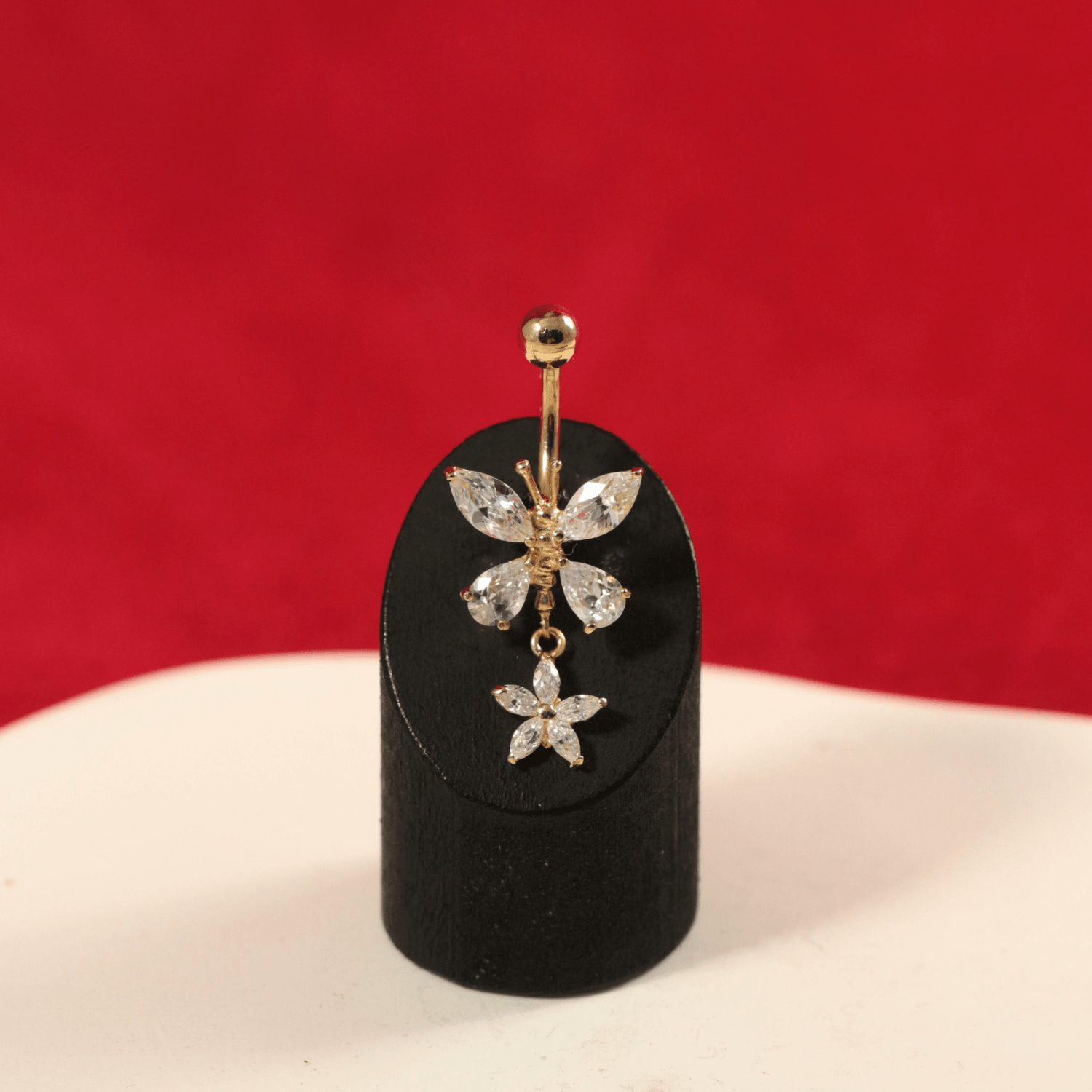 14K Gold Jewelled Dangling Butterfly Belly Ring