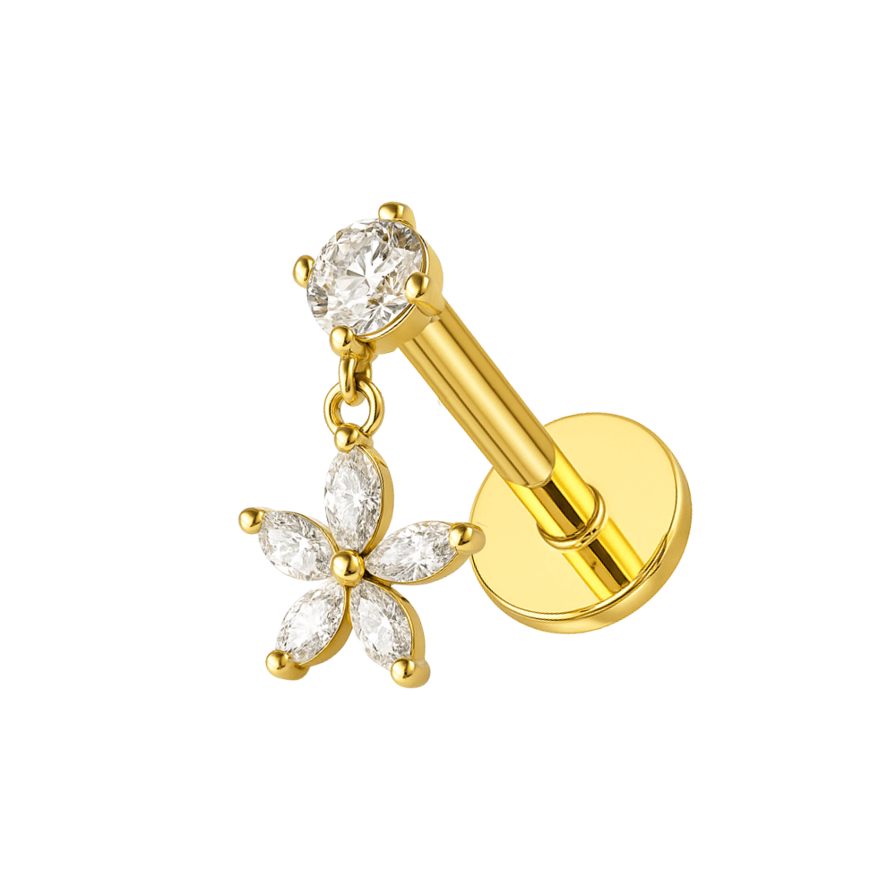 316L Surgical Steel Jewelled Flower Internally Threaded Screw Fit Dangling Stud