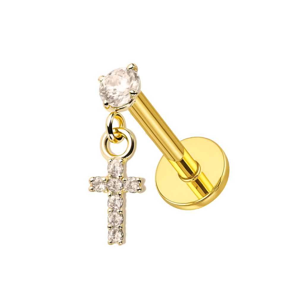 316L Surgical Steel Jewelled Cross Internally Threaded Screw Fit Dangling Stud
