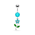 925 Sterling Silver Fancy Flower With Green Jewelled Leafs Dangling Navel Banana Bar Ring