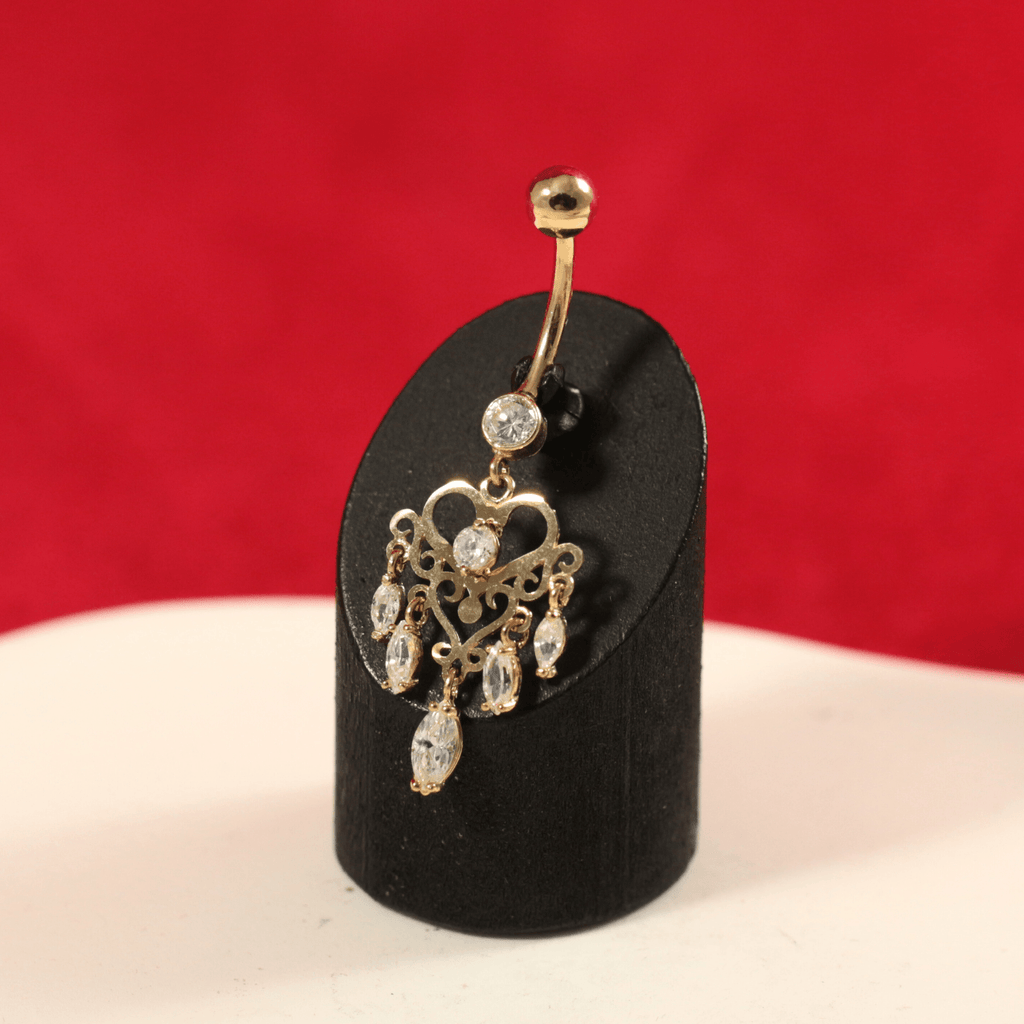 14K Gold Studded Heart Dangling Belly Ring