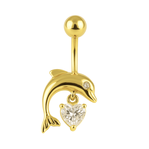 14K Gold Jewelled Dangling Dolphin Belly Ring