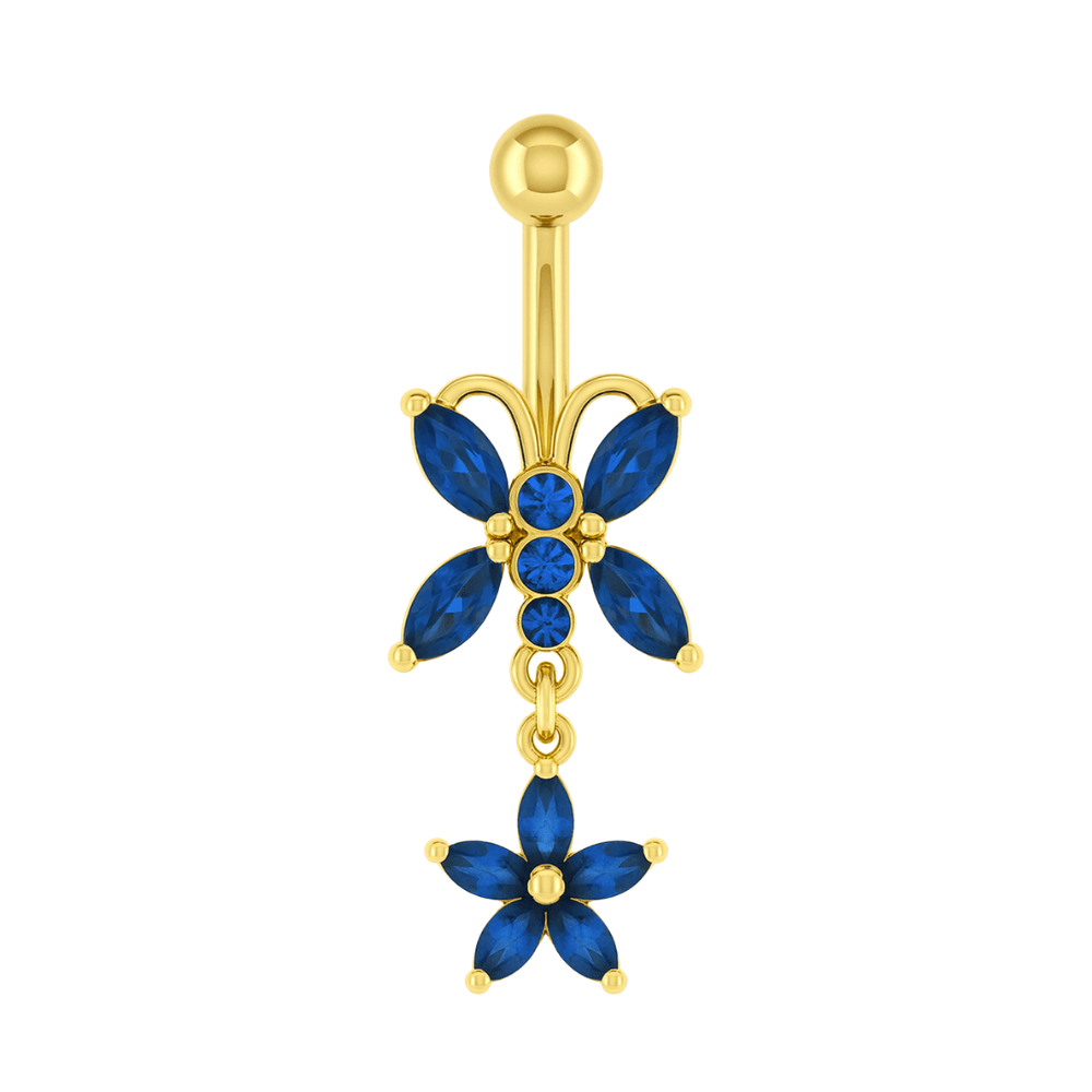 14K Gold Blue Studded Butterfly Belly Ring