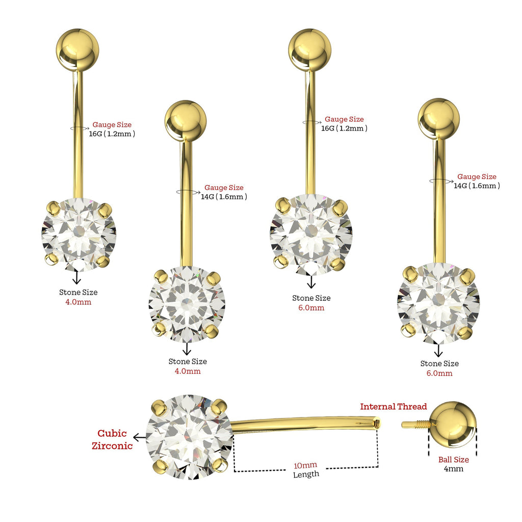 14K Gold Round CZ Jewelled Internally Threaded Belly Ring