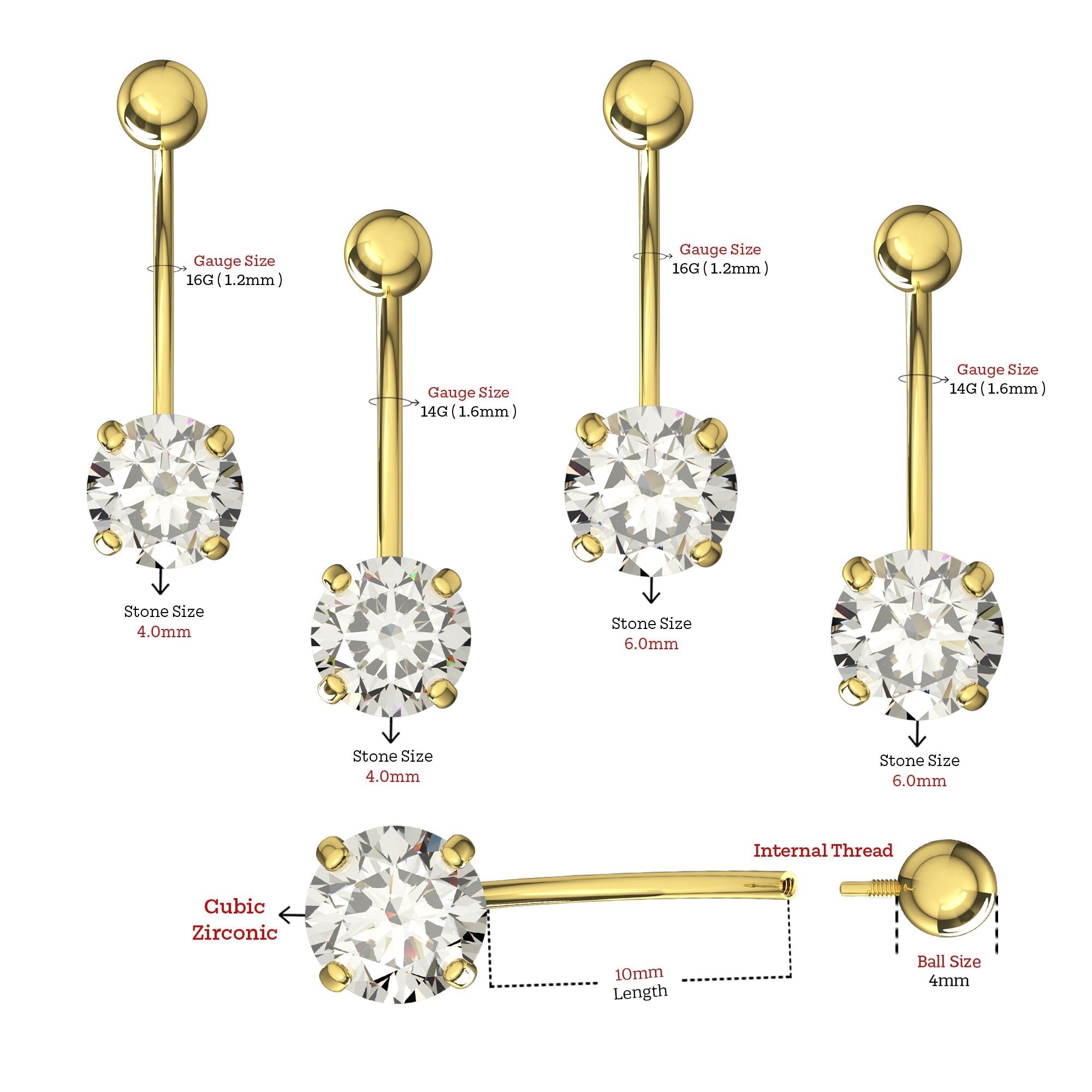 14K Gold Round CZ Jewelled Internally Threaded Belly Ring