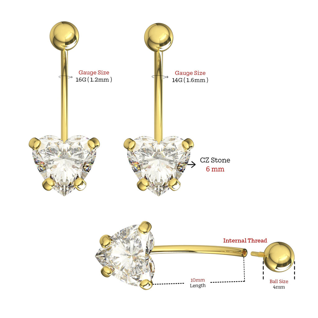 14K Gold Heart CZ Jewelled Internally Threaded Belly Bar