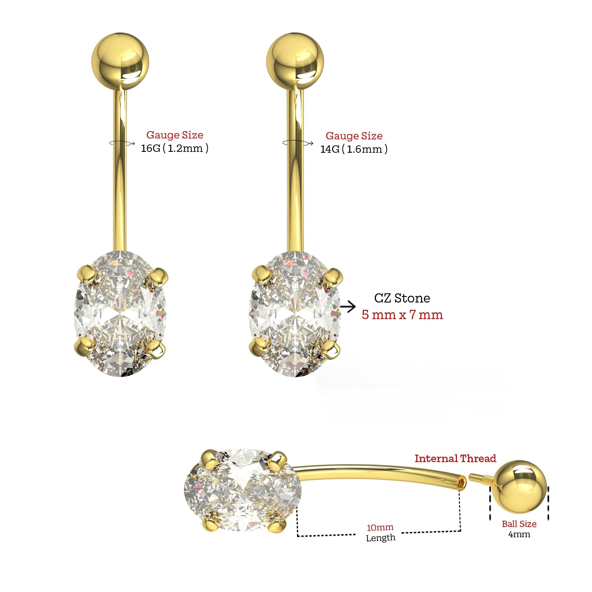 14K Gold Oval CZ Jewelled Internally Threaded Belly Ring