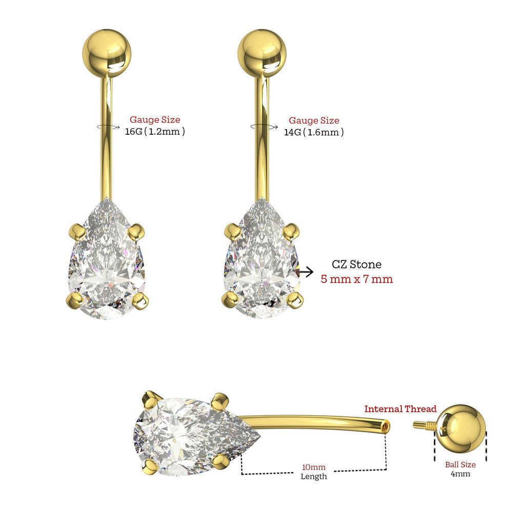 14K Gold Pear CZ Jewelled Internally Threaded Belly Ring
