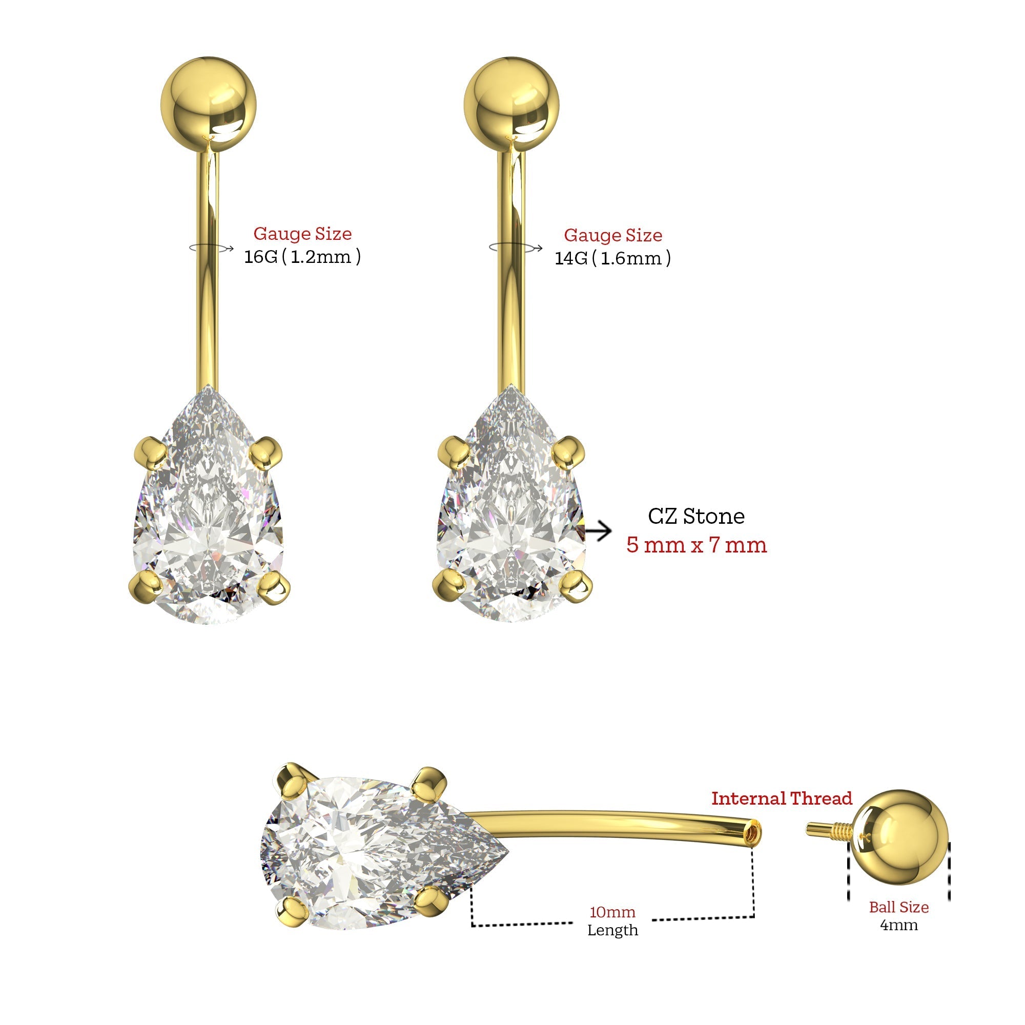 14K Gold Pear CZ Jewelled Internally Threaded Belly Ring