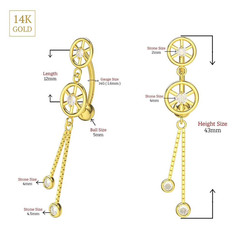 14K Gold CZ Jewelled Double Wheeled Danglers Belly Ring