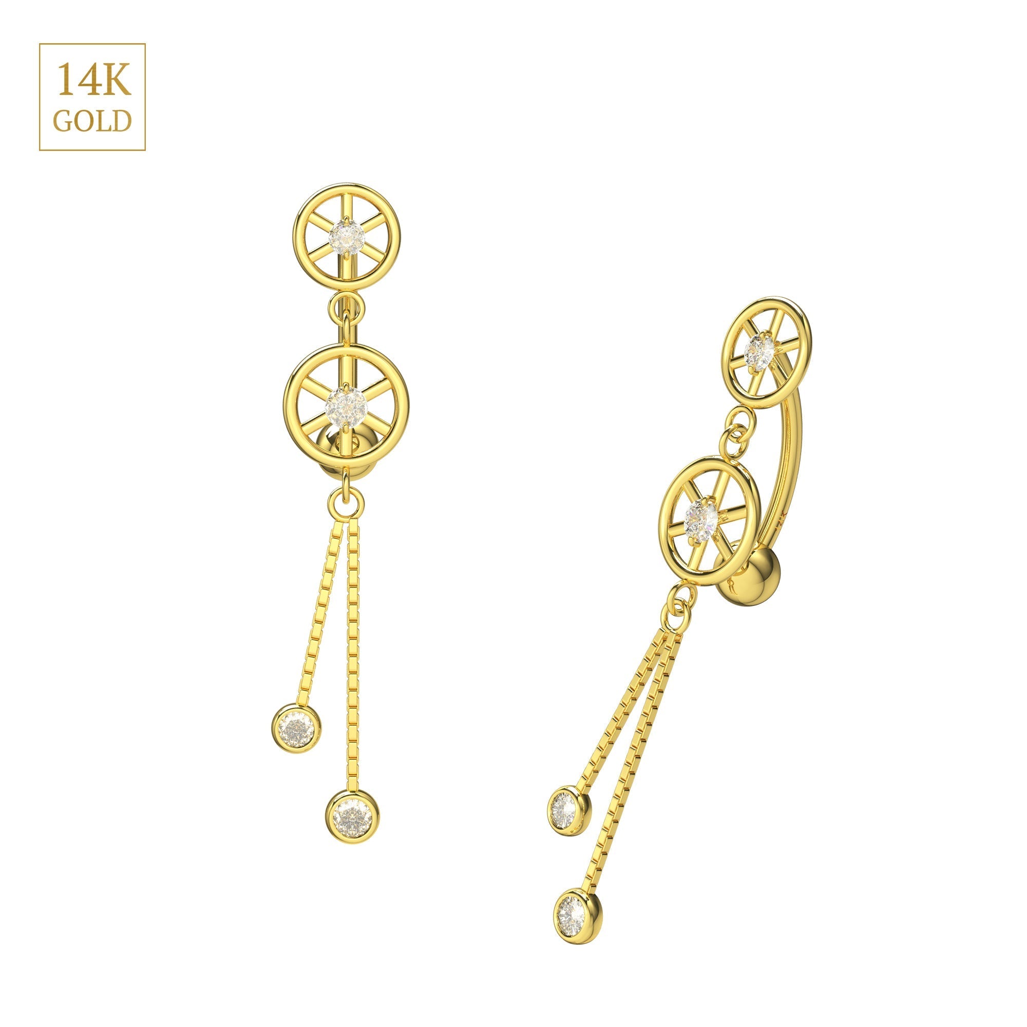 14K Gold CZ Jewelled Double Wheeled Danglers Belly Ring
