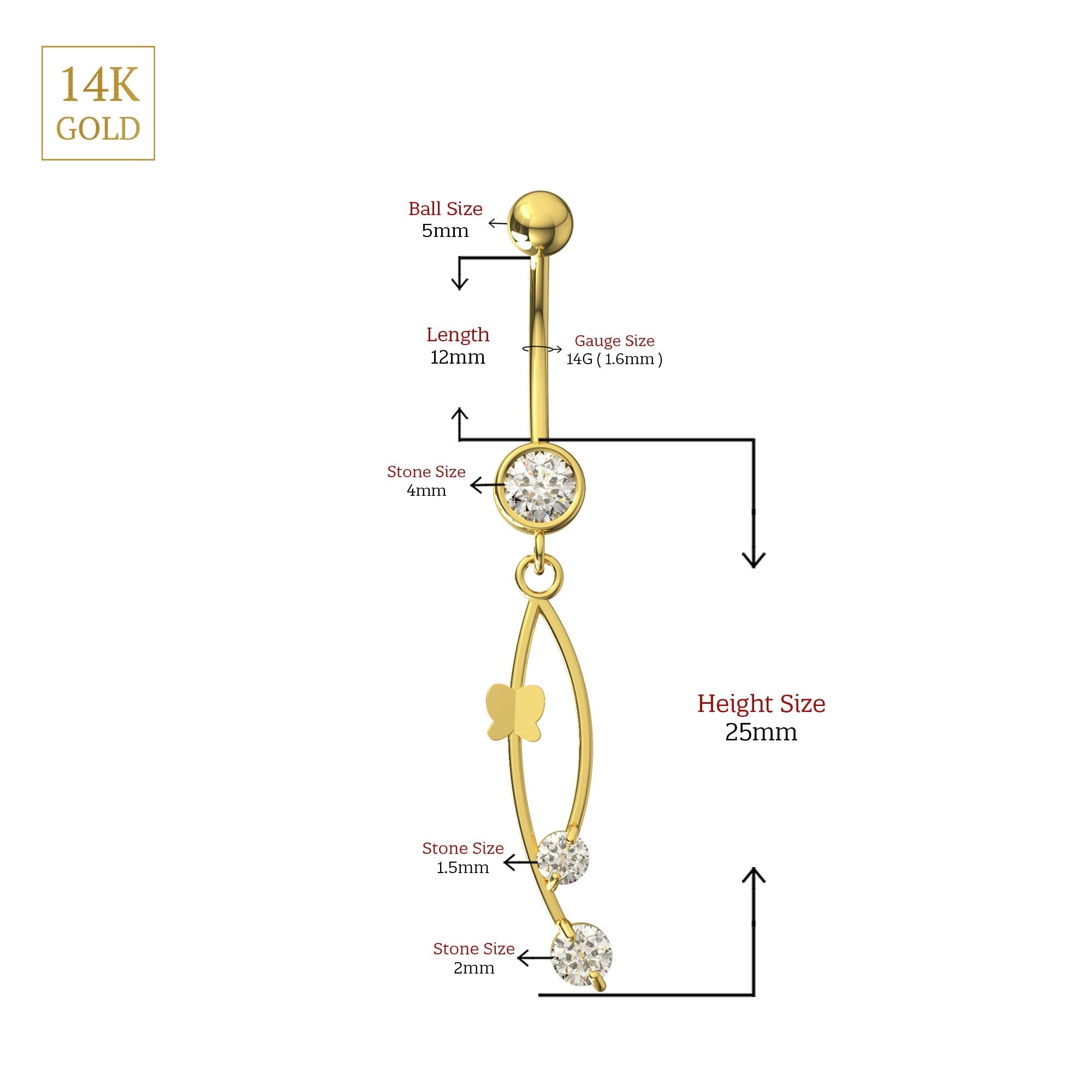 14K Gold CZ Jewelled Italian Horn Danglers Belly Ring