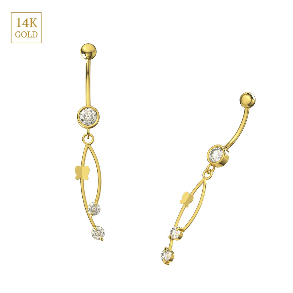 14K Gold CZ Jewelled Italian Horn Danglers Belly Ring