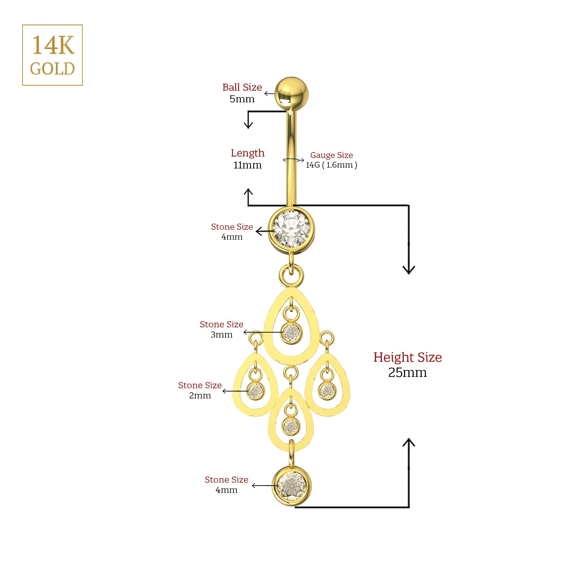 14K Gold CZ Jewelled Tear Shape Danglers Belly Ring
