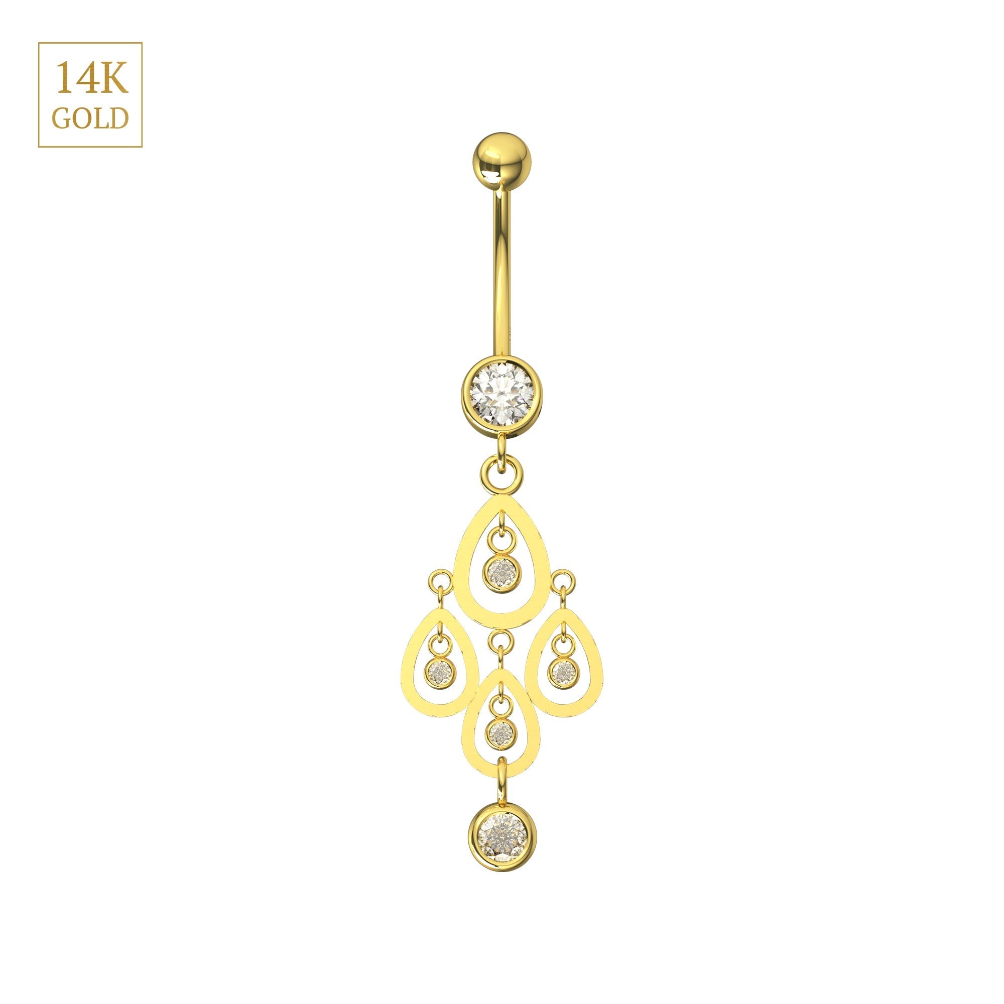 14K Gold CZ Jewelled Tear Shape Danglers Belly Ring