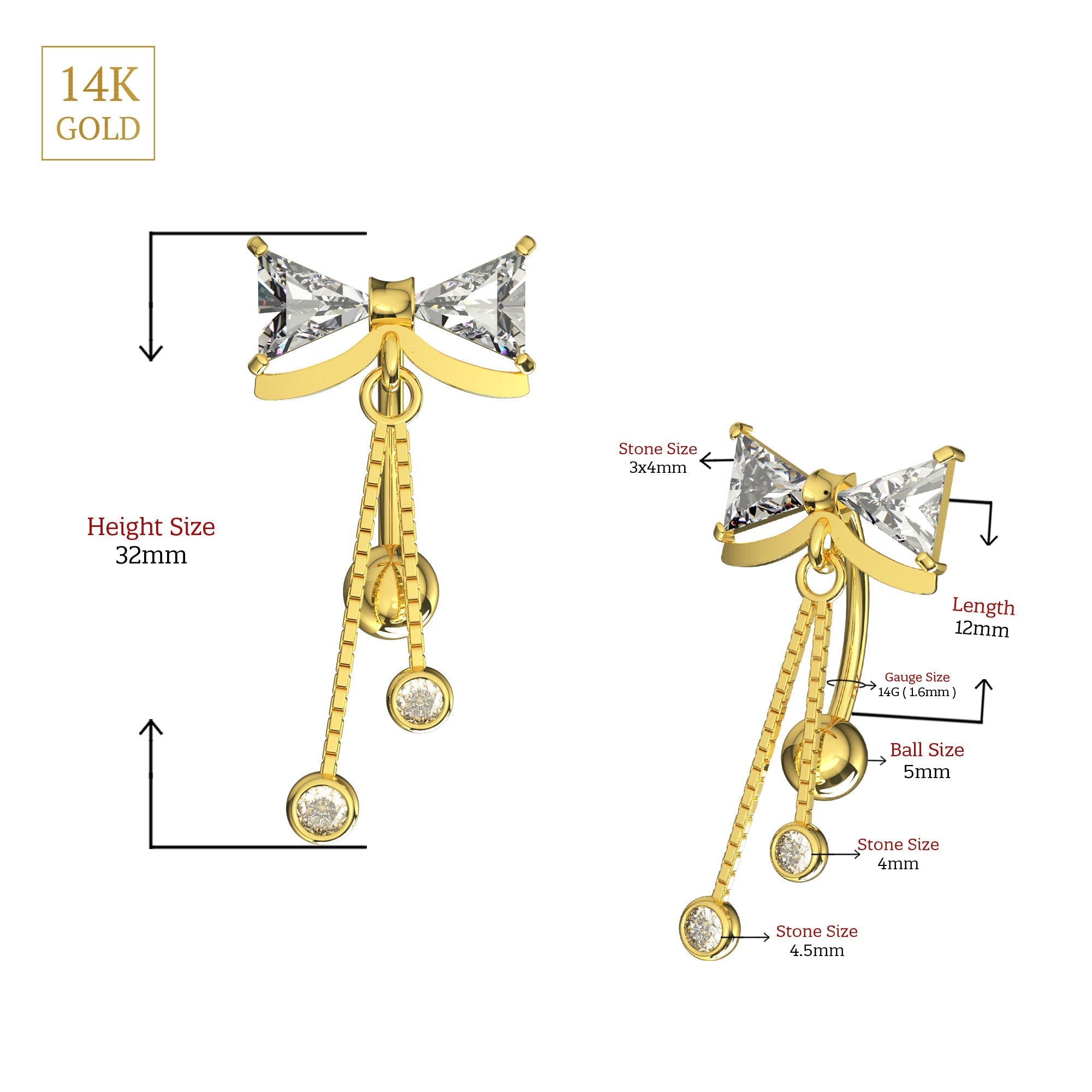 14K Gold Bowtie Dangling Belly Ring