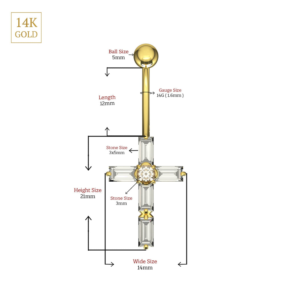 14K Gold Dangling Gemstone Cross Belly Ring