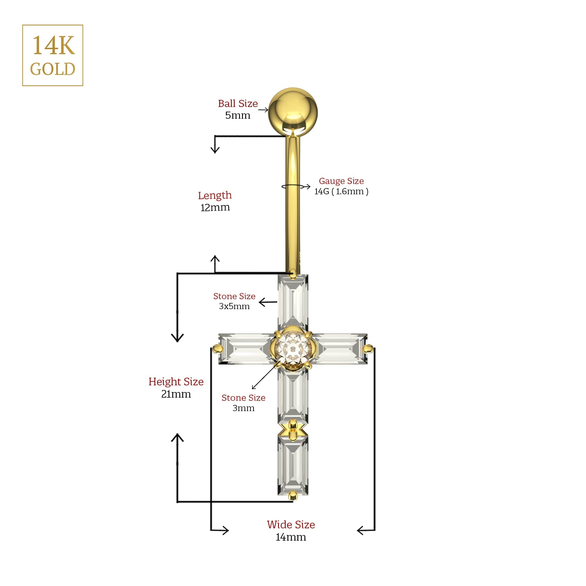 14K Gold Dangling Gemstone Cross Belly Ring