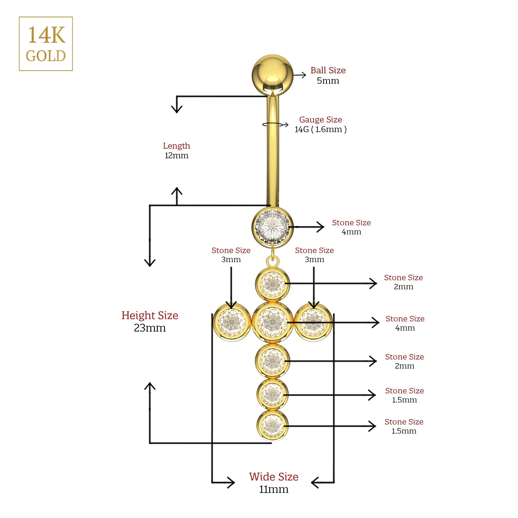 14K Gold Dangling Studded Cross Belly Ring