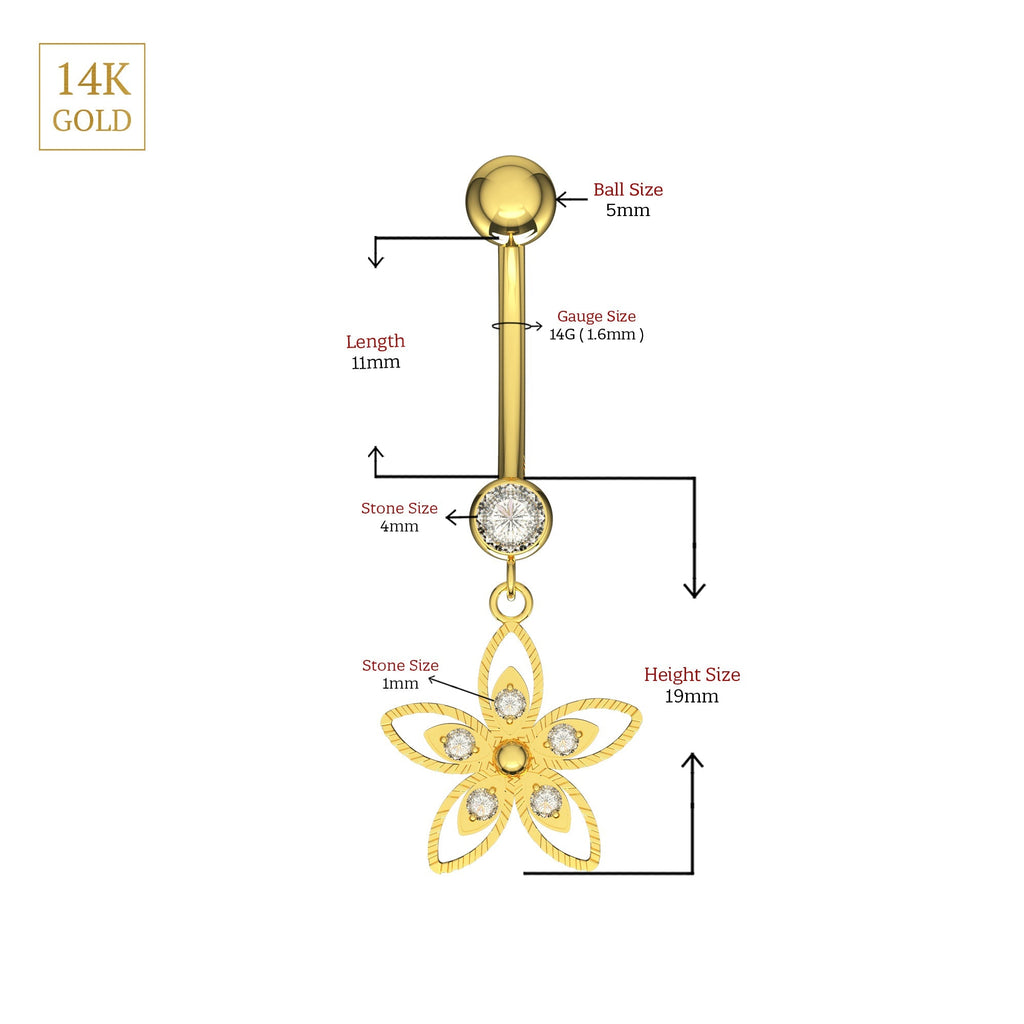 14K Gold CZ Jewelled Flower Design Dangling Belly Ring