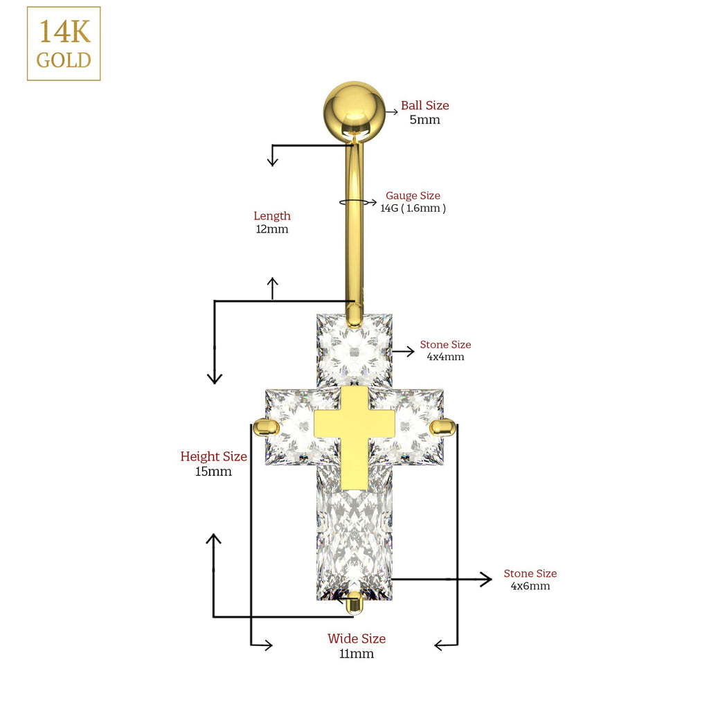 14K Gold CZ Jewelled Cross Belly Bar