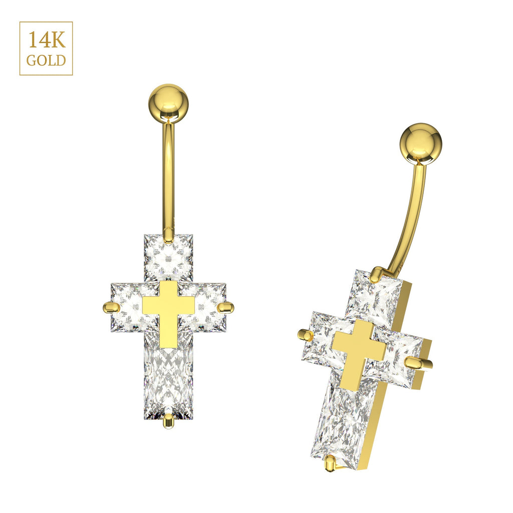 14K Gold CZ Jewelled Cross Belly Bar