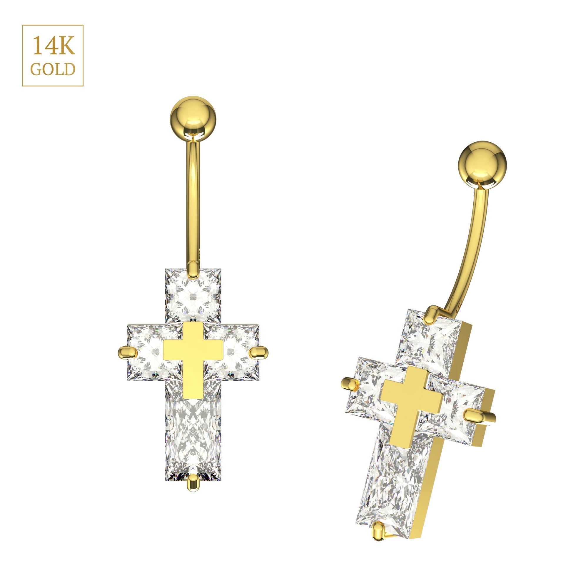 14K Gold CZ Jewelled Cross Belly Bar