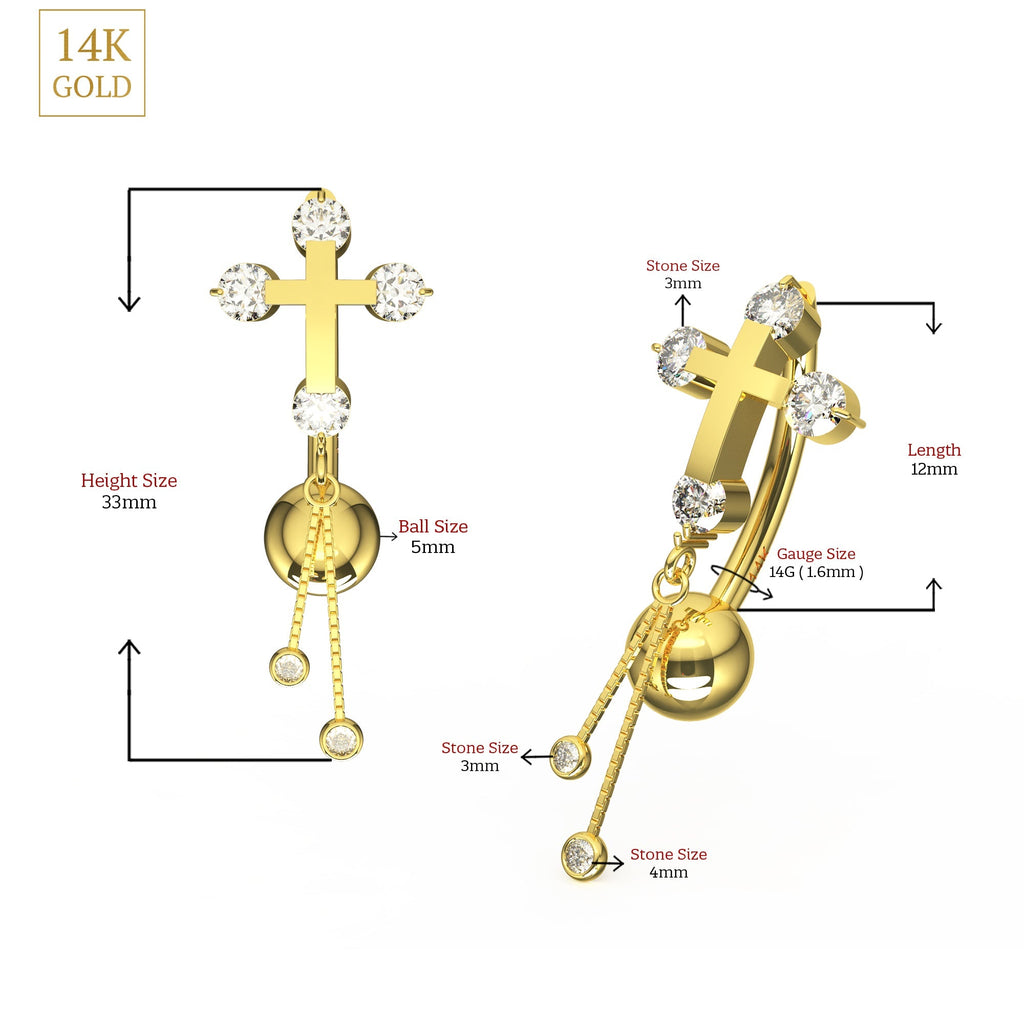 14K Gold Studded Cross Dangler Belly Ring