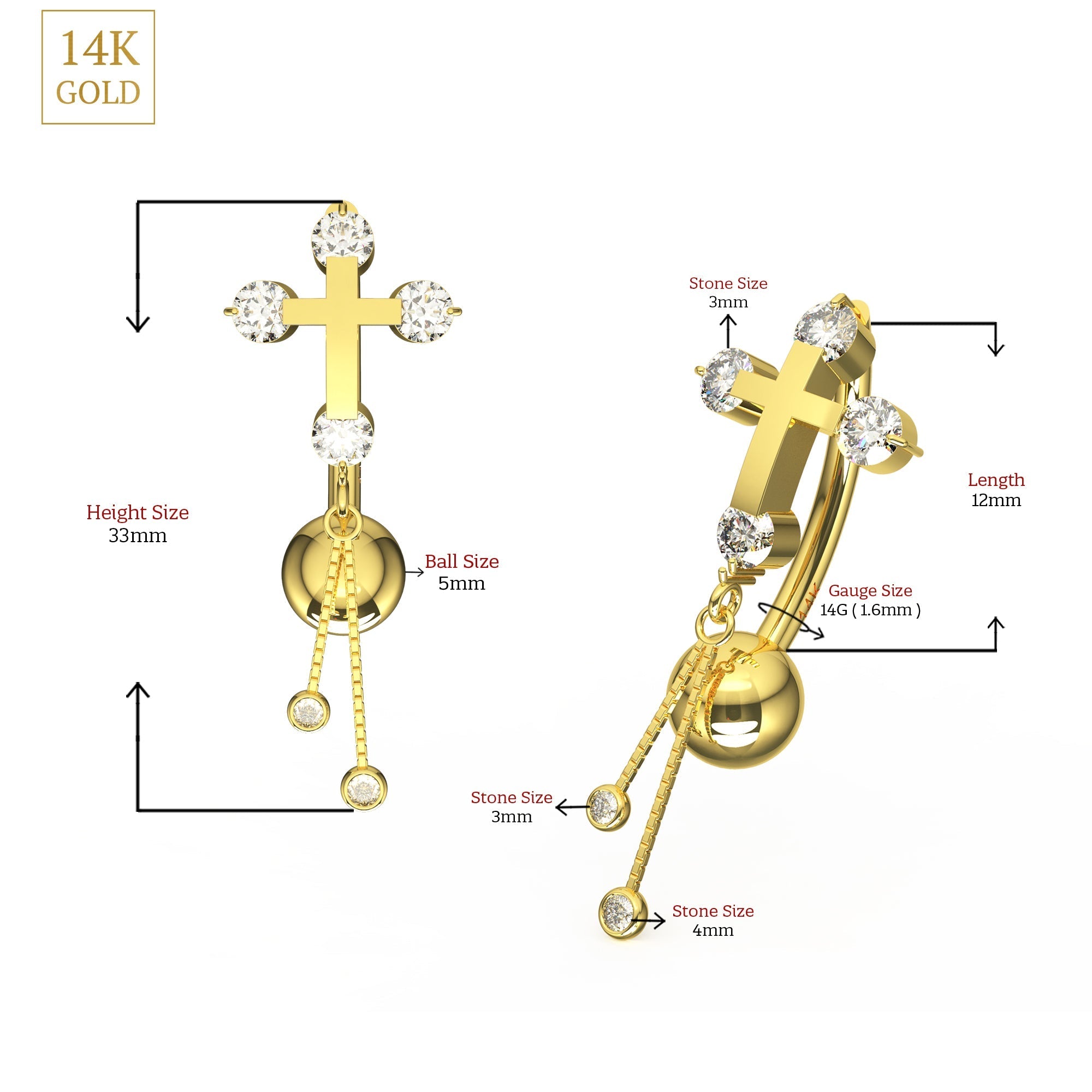 14K Gold Studded Cross Dangler Belly Ring