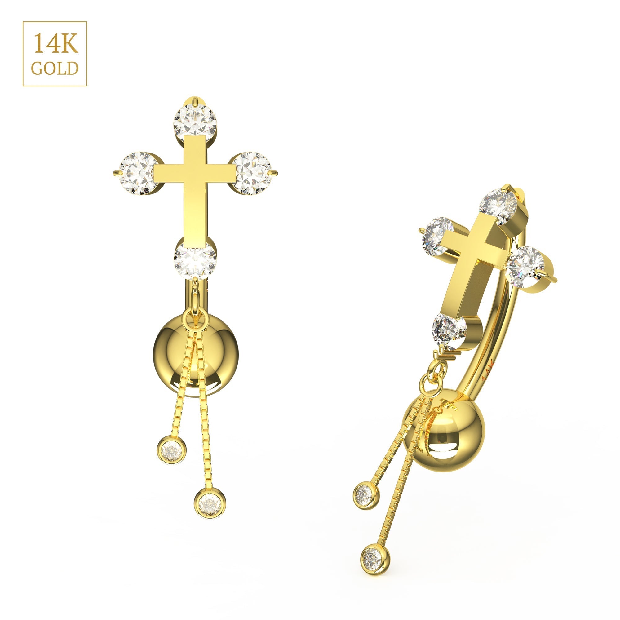 14K Gold Studded Cross Dangler Belly Ring