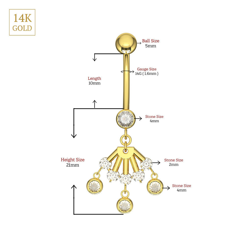14K Gold Studded Trio Dangling Belly Ring