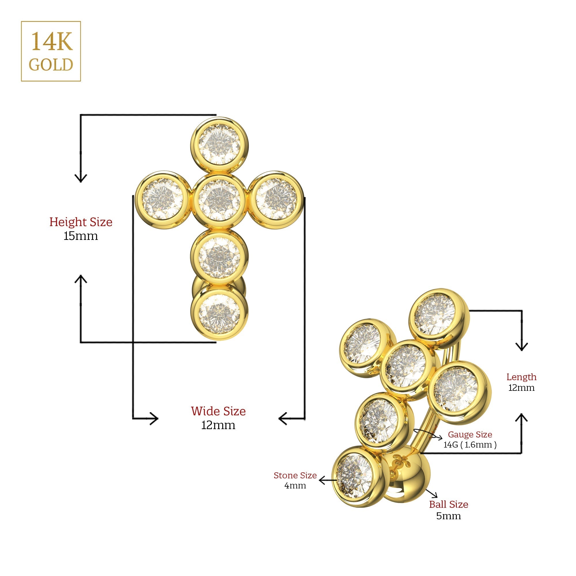 14K Gold Studded Cross Reverse Belly Ring