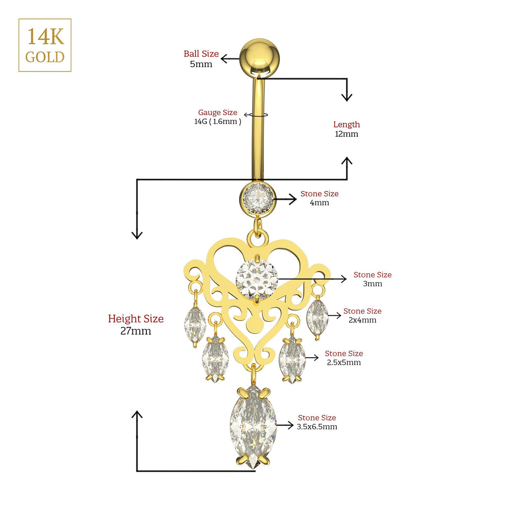 14K Gold Studded Heart Dangling Belly Ring