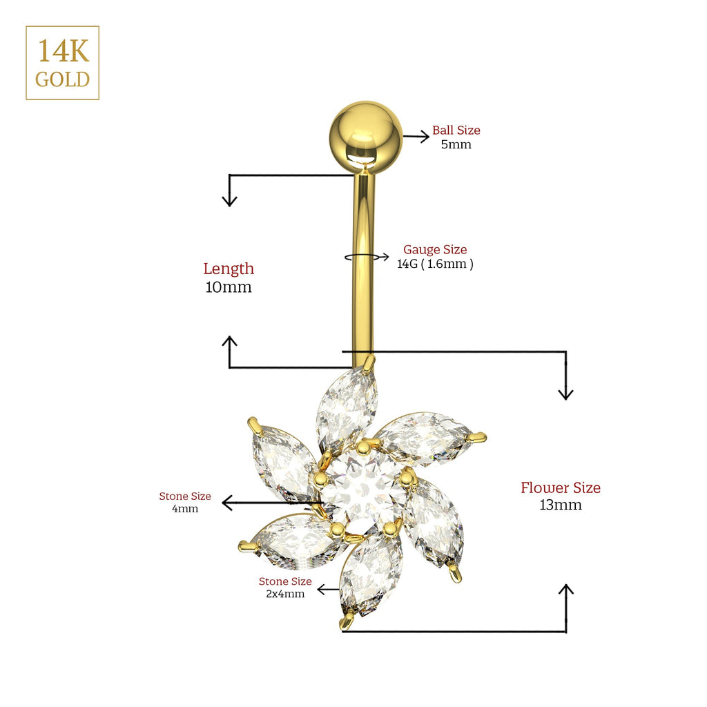 14K Gold Studded Pentas Fan Belly Ring
