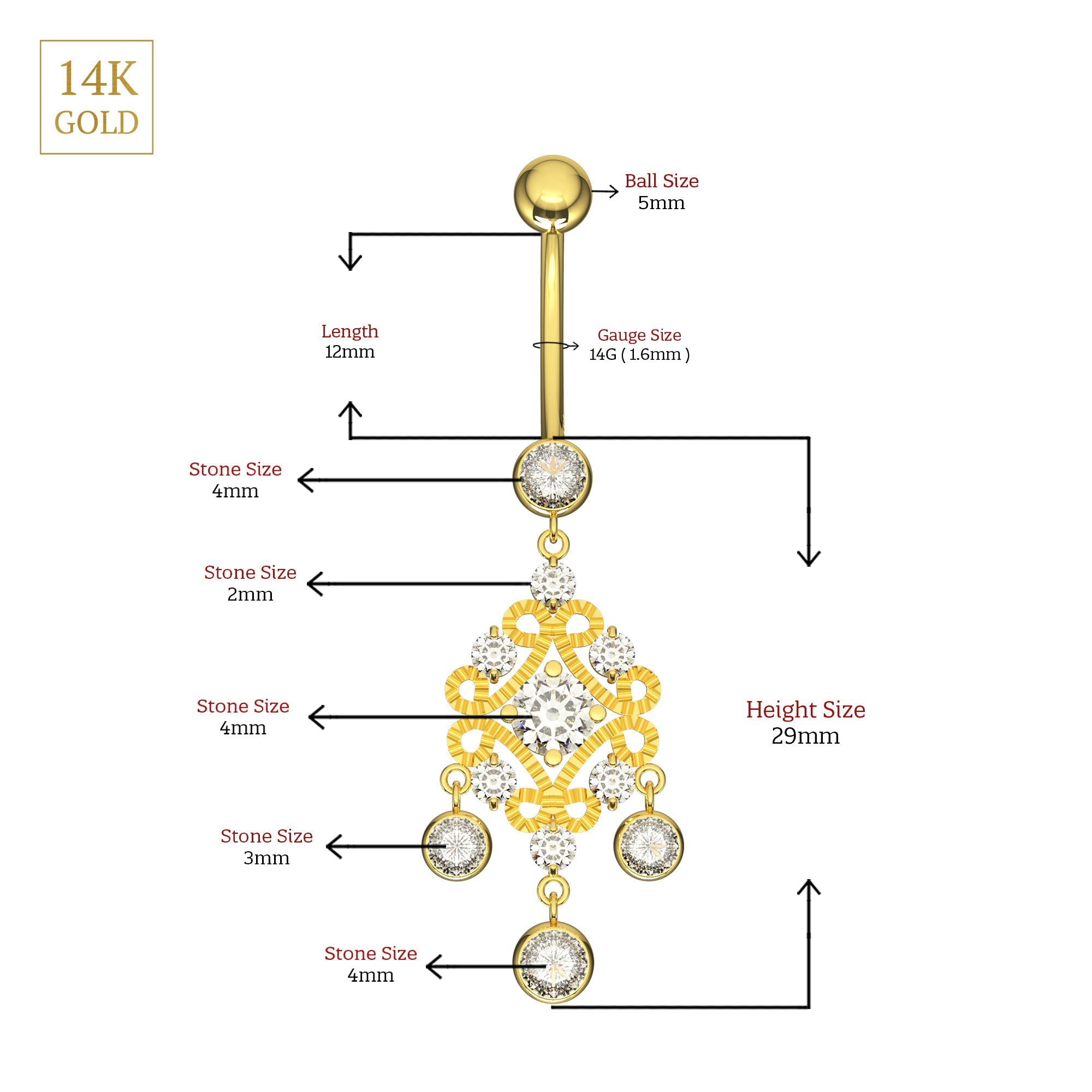 14K Gold Studded Traditional Belly Ring