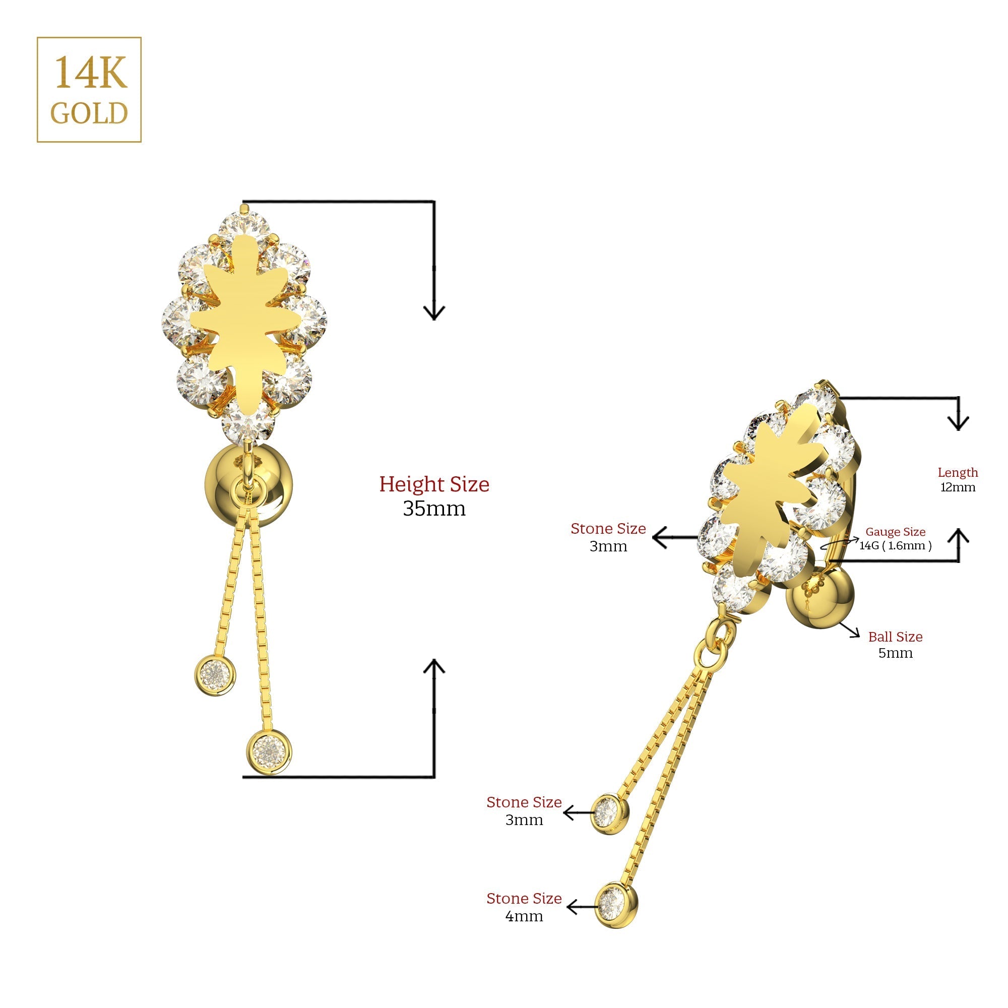 14K Gold Studded Danglers Belly Ring