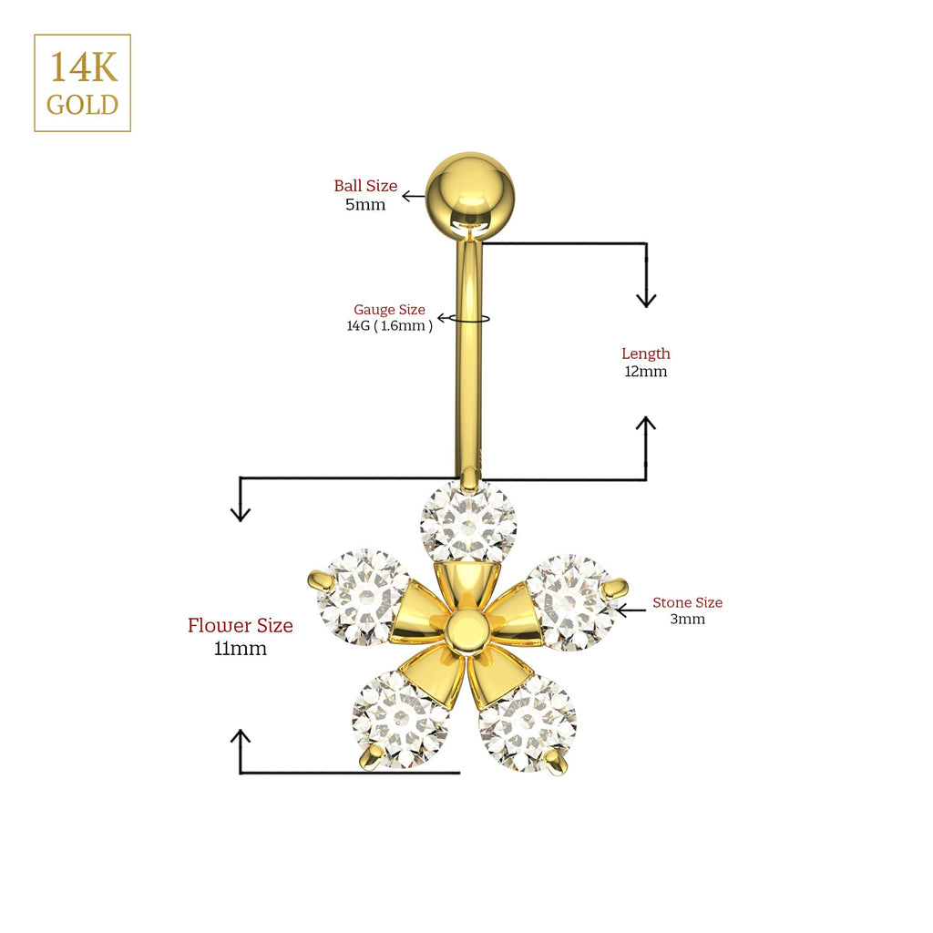 14K Gold Studded Pentas Flower Belly Ring