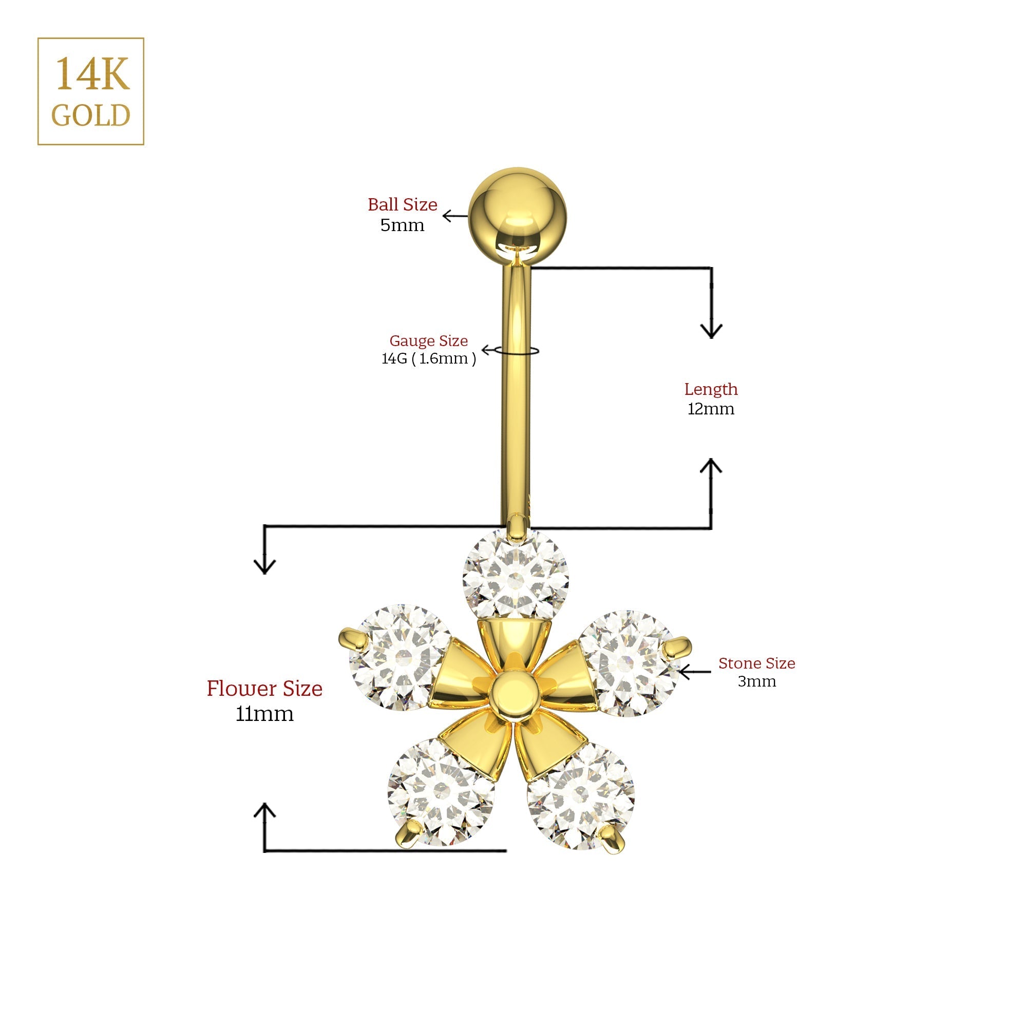 14K Gold Studded Pentas Flower Belly Ring
