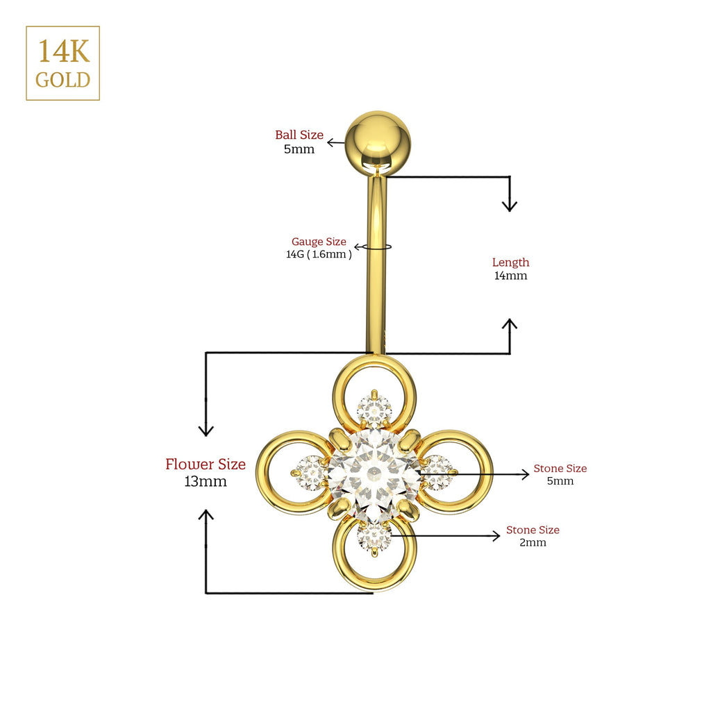 14K Gold Studded Ring Flower Belly Ring