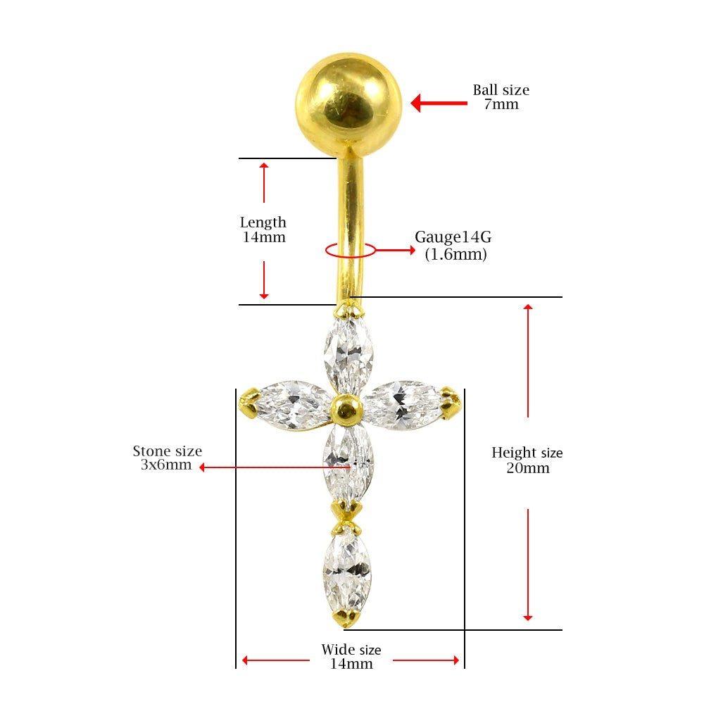 14K Gold Studded Cross Belly Ring