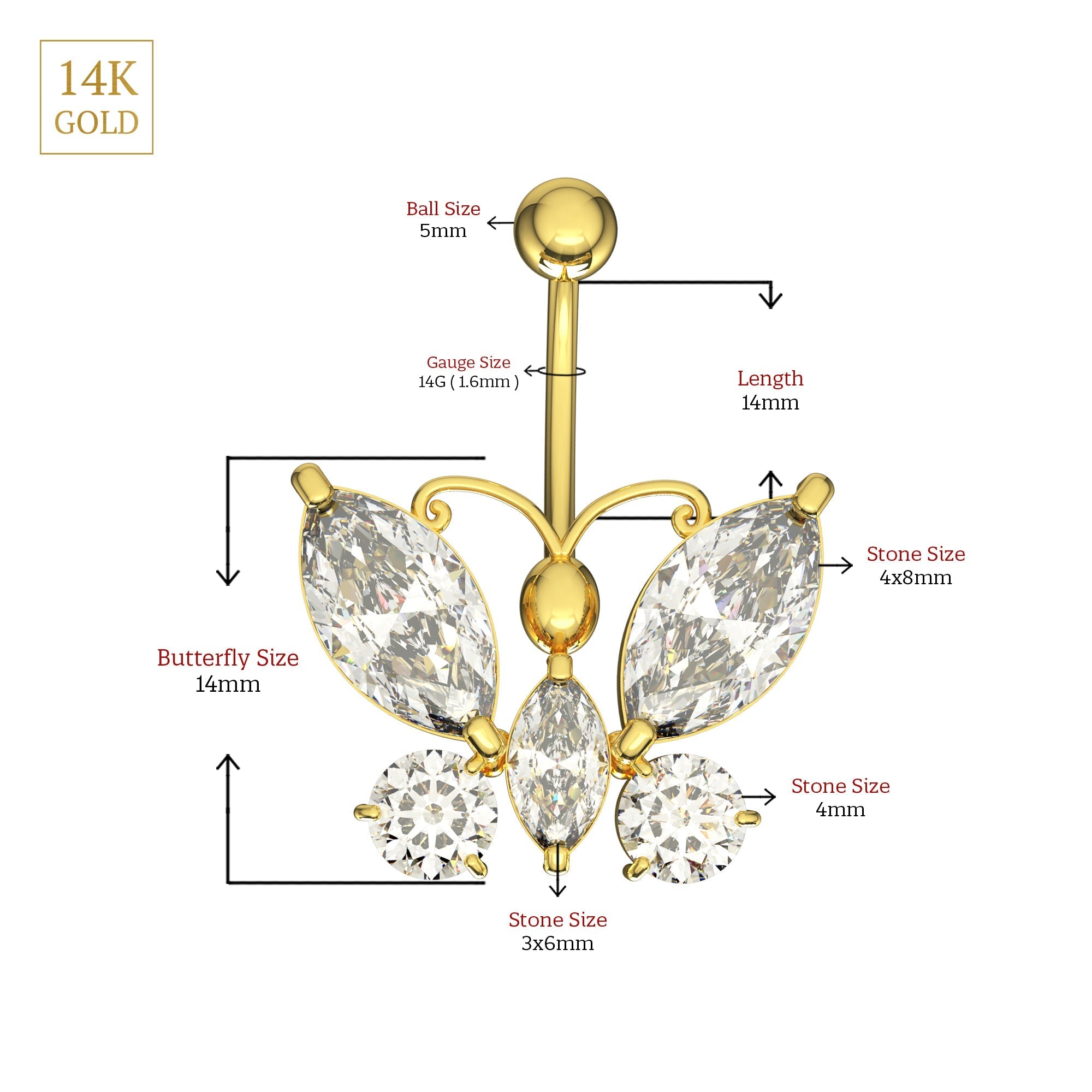 14K Gold Studded Dragonfly Belly Ring