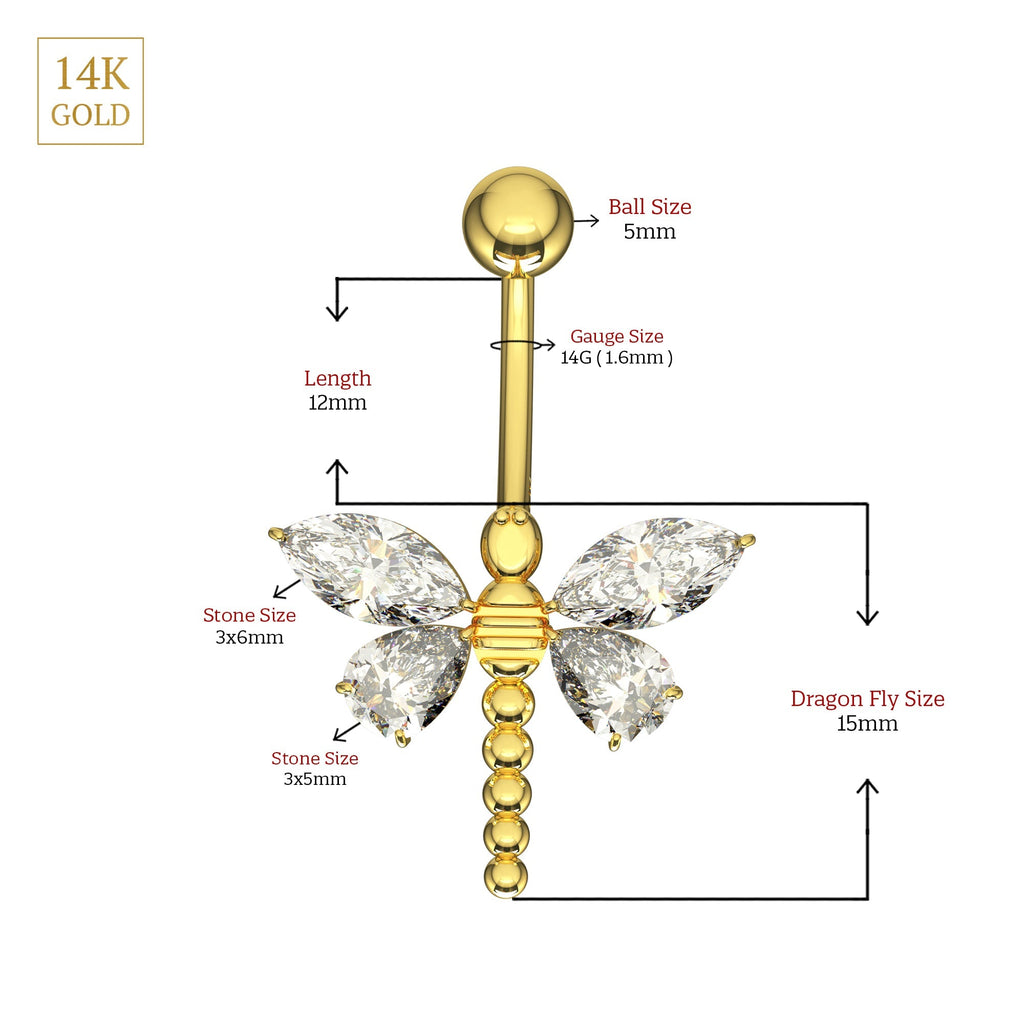 14K Gold Jewelled Dangling Dragonfly Belly Ring