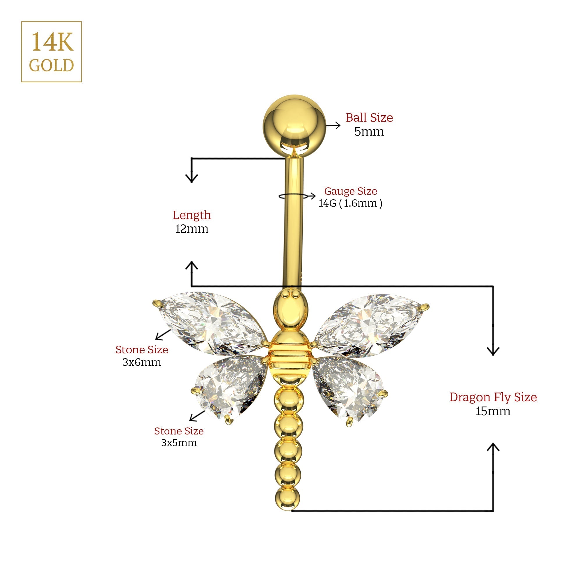 14K Gold Jewelled Dangling Dragonfly Belly Ring