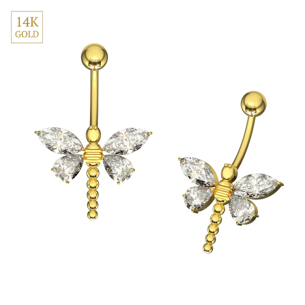14K Gold Jewelled Dangling Dragonfly Belly Ring