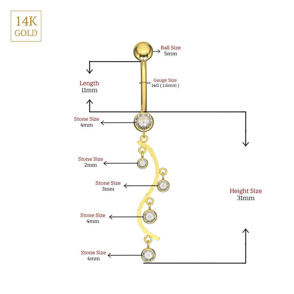 14K Gold CZ Jewelled Stones Dangling Belly Ring
