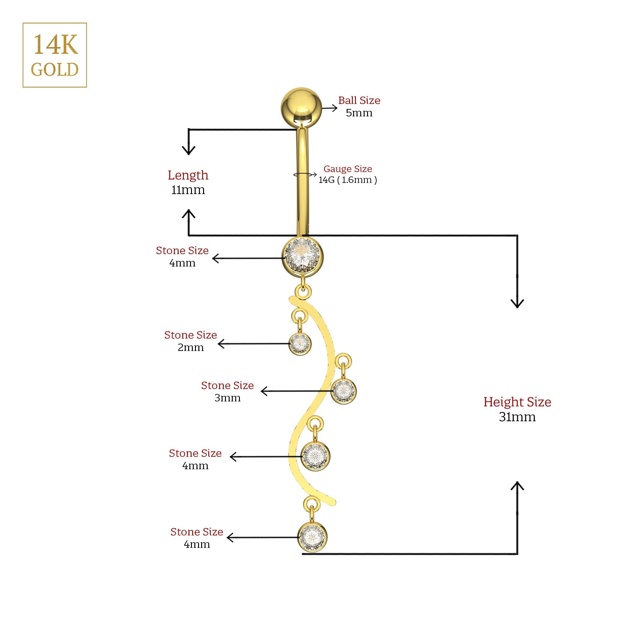 14K Gold CZ Jewelled Stones Dangling Belly Ring