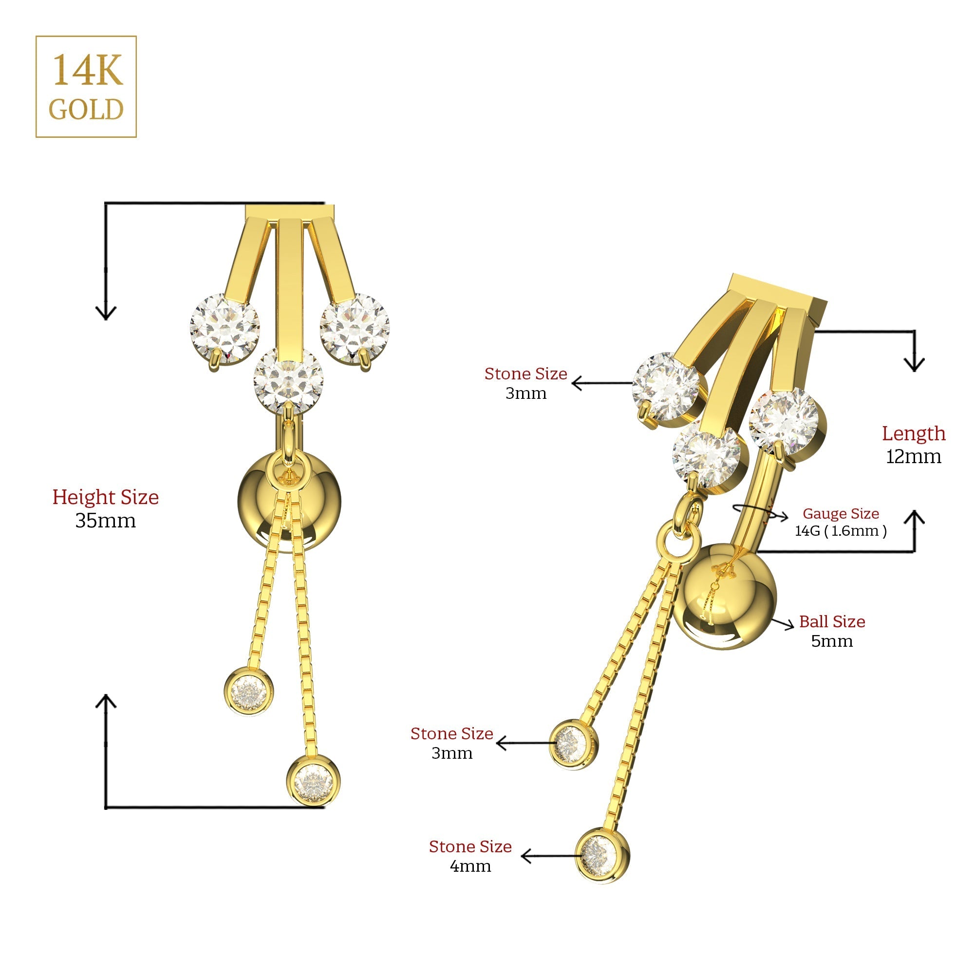 14K Gold CZ Jewelled Italian Horn Stones Dangling Belly Ring