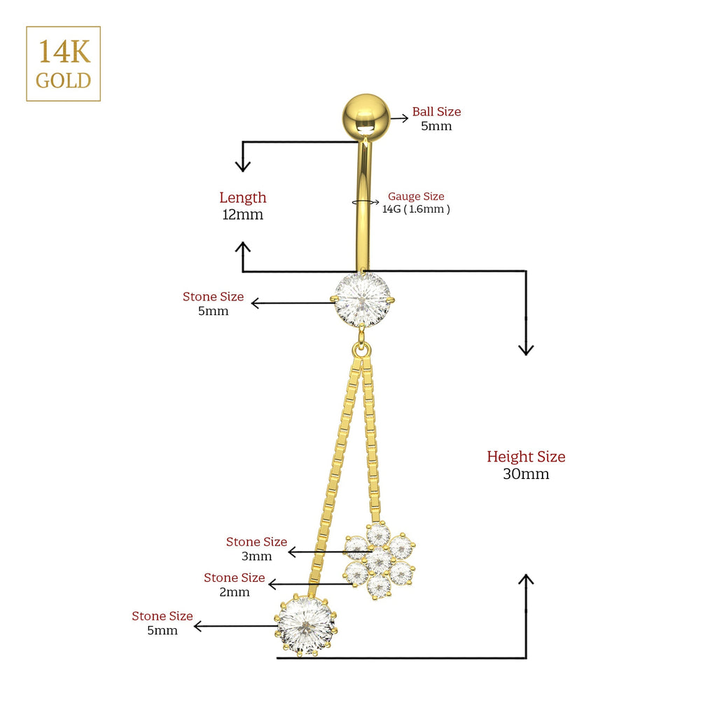 14K Gold Flower and CZ Jewelled Dangling Belly Ring
